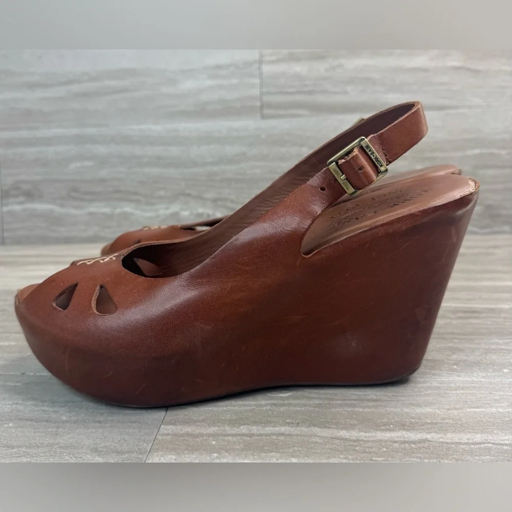 Kork-Ease Brown Leather Peep-Toe Wedge Slingbacks